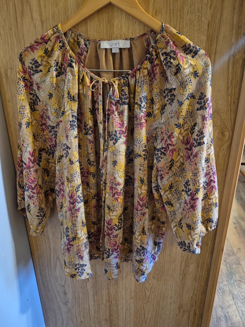 LOFT Mustard Floral Tie-Front Peasant Blouse - Picture 3 of 4
